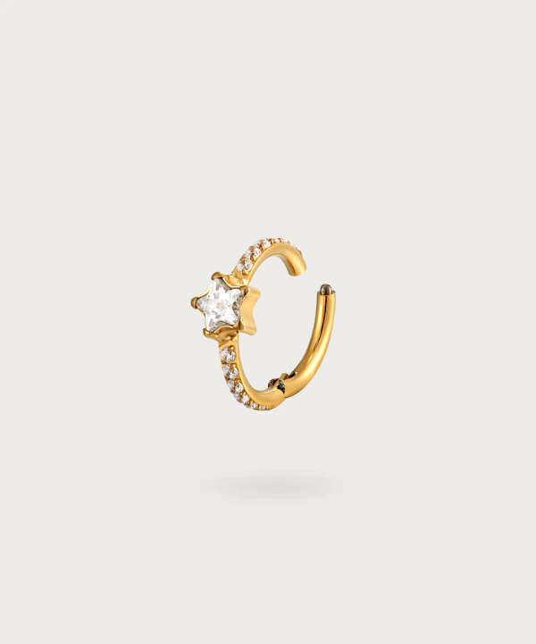 Primo piano del Piercing Snug Anello in Titanio a Stella, evidenziando la sua finitura brillante e il suo affascinante design a stella in argento