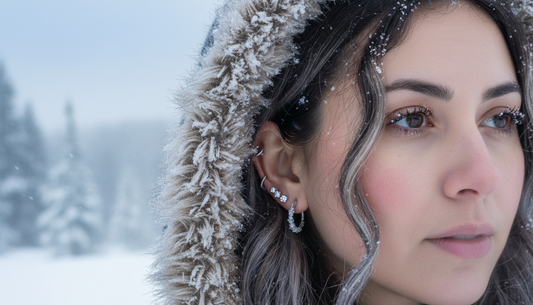 donna con piercing alle orecchie in inverno
