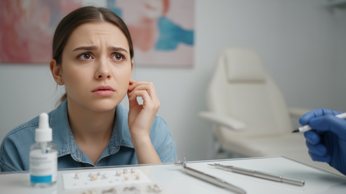 Donna ansiosa prima di farsi fare un piercing all’orecchio.