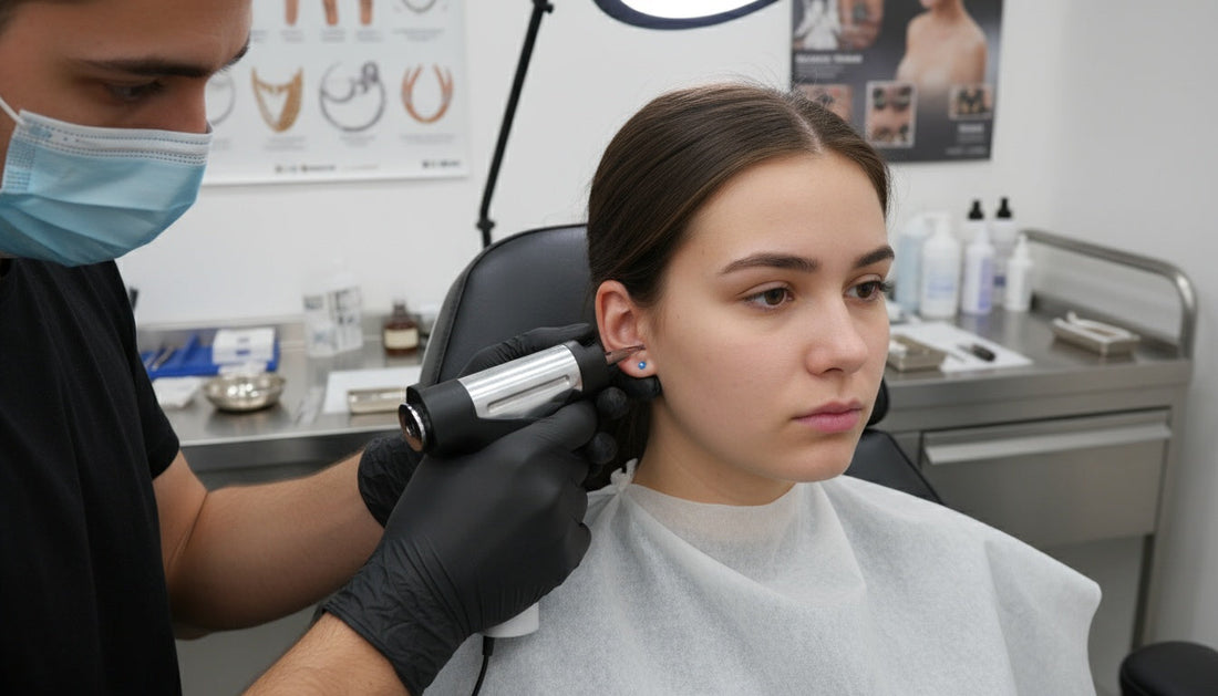Una donna si fa forare l’orecchio con una pistola sparaorecchini.