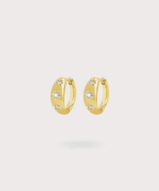 "Zoom sugli orecchini Laia con finitura placcata in oro 18k, rivelando la bellezza dei zirconi"